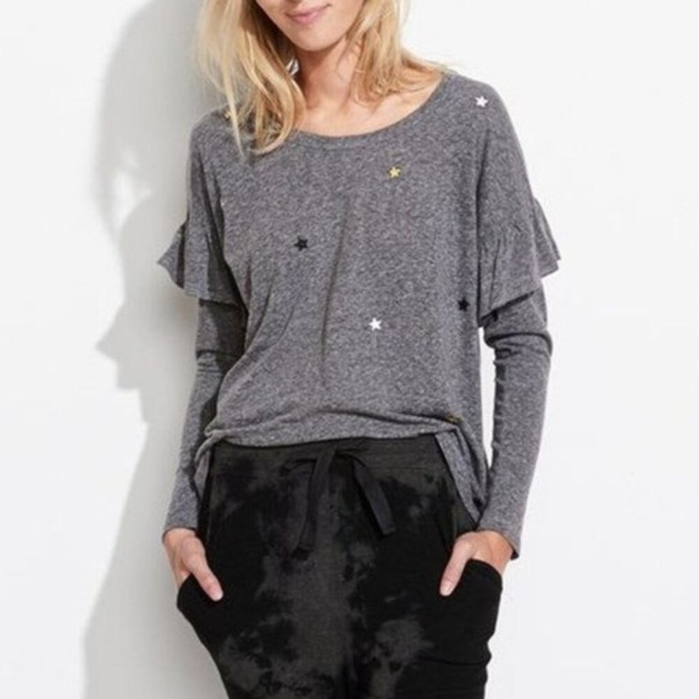 Sundry Ruffle Layered Long Sleeve Scoop Neck Studded Shirt Gray Size 2